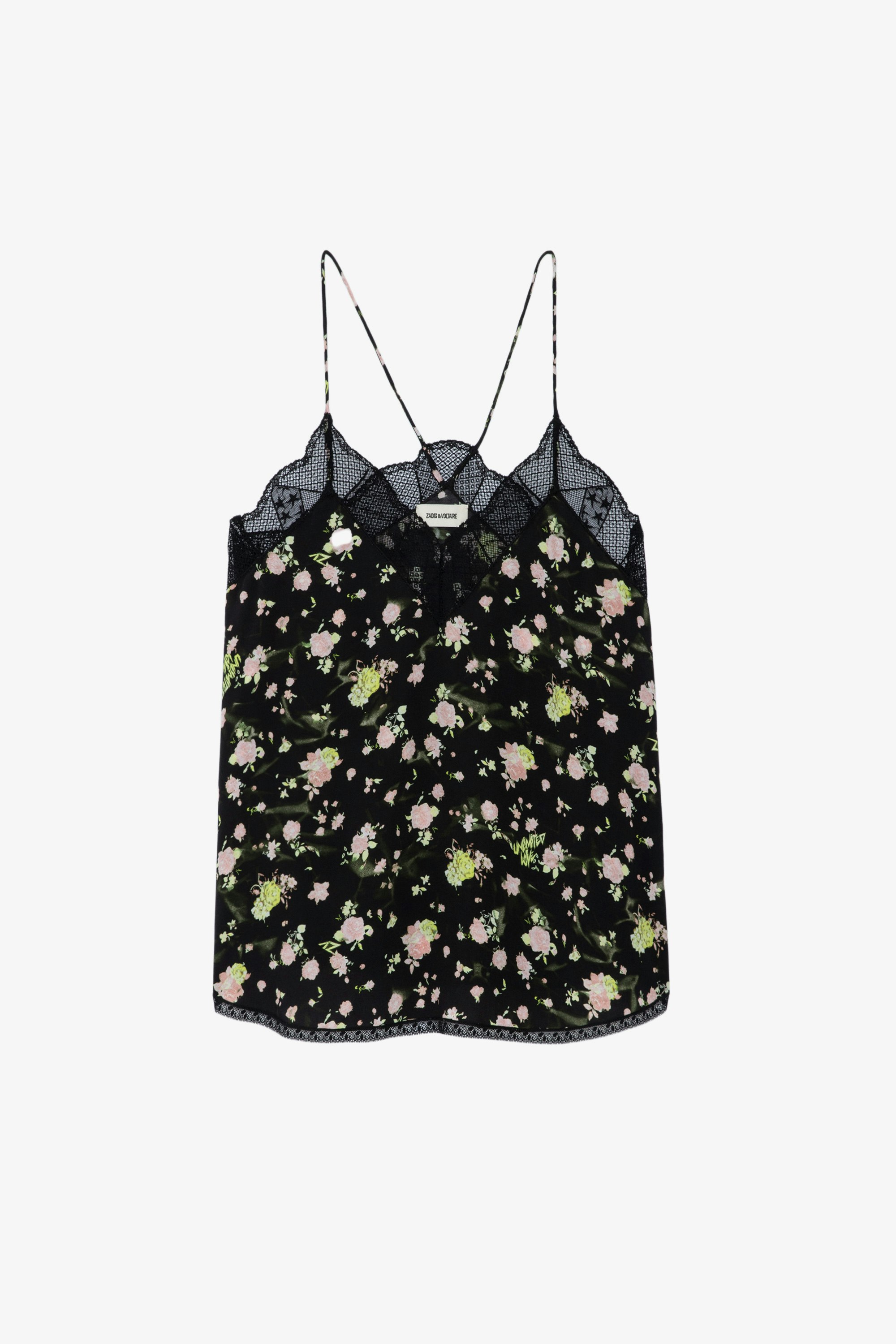 Christy Soft Crinkle Roses Camisole - Women’s black floral-print silk camisole with lace neckline.