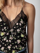 Christy Soft Crinkle Roses Camisole - Women’s black floral-print silk camisole with lace neckline.