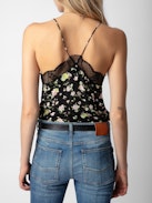 Christy Soft Crinkle Roses Camisole - Women’s black floral-print silk camisole with lace neckline.