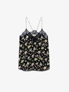 Christy Soft Crinkle Roses Camisole - Women’s black floral-print silk camisole with lace neckline.