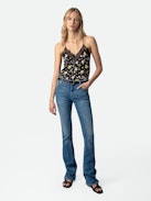 Christy Soft Crinkle Roses Camisole - Women’s black floral-print silk camisole with lace neckline.