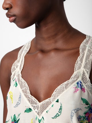 Caraco Chou - Caraco esprit lingerie rose pâle à imprimé Soft Bouquet, bretelles et bords en dentelle.