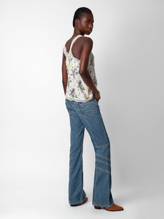 Caraco Chou - Caraco esprit lingerie rose pâle à imprimé Soft Bouquet, bretelles et bords en dentelle.