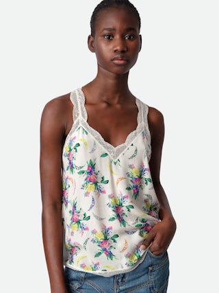 Caraco Chou - Caraco esprit lingerie rose pâle à imprimé Soft Bouquet, bretelles et bords en dentelle.