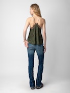 Canotta Christy - Canottiera in stile lingerie kaki con stampa, spalline sottili e scollo in pizzo.
