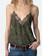 Canotta Christy - Canottiera in stile lingerie kaki con stampa, spalline sottili e scollo in pizzo.