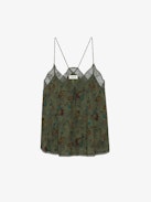 Canotta Christy - Canottiera in stile lingerie kaki con stampa, spalline sottili e scollo in pizzo.