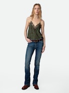 Canotta Christy - Canottiera in stile lingerie kaki con stampa, spalline sottili e scollo in pizzo.