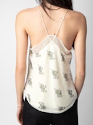 Christy Camisole - Ecru lingerie-style camisole with floral print, sequins, thin straps and lace-trimmed neckline.