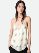 Christy Camisole - Ecru lingerie-style camisole with floral print, sequins, thin straps and lace-trimmed neckline.