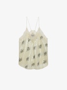 Christy Camisole - Ecru lingerie-style camisole with floral print, sequins, thin straps and lace-trimmed neckline.