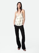 Christy Camisole - Ecru lingerie-style camisole with floral print, sequins, thin straps and lace-trimmed neckline.