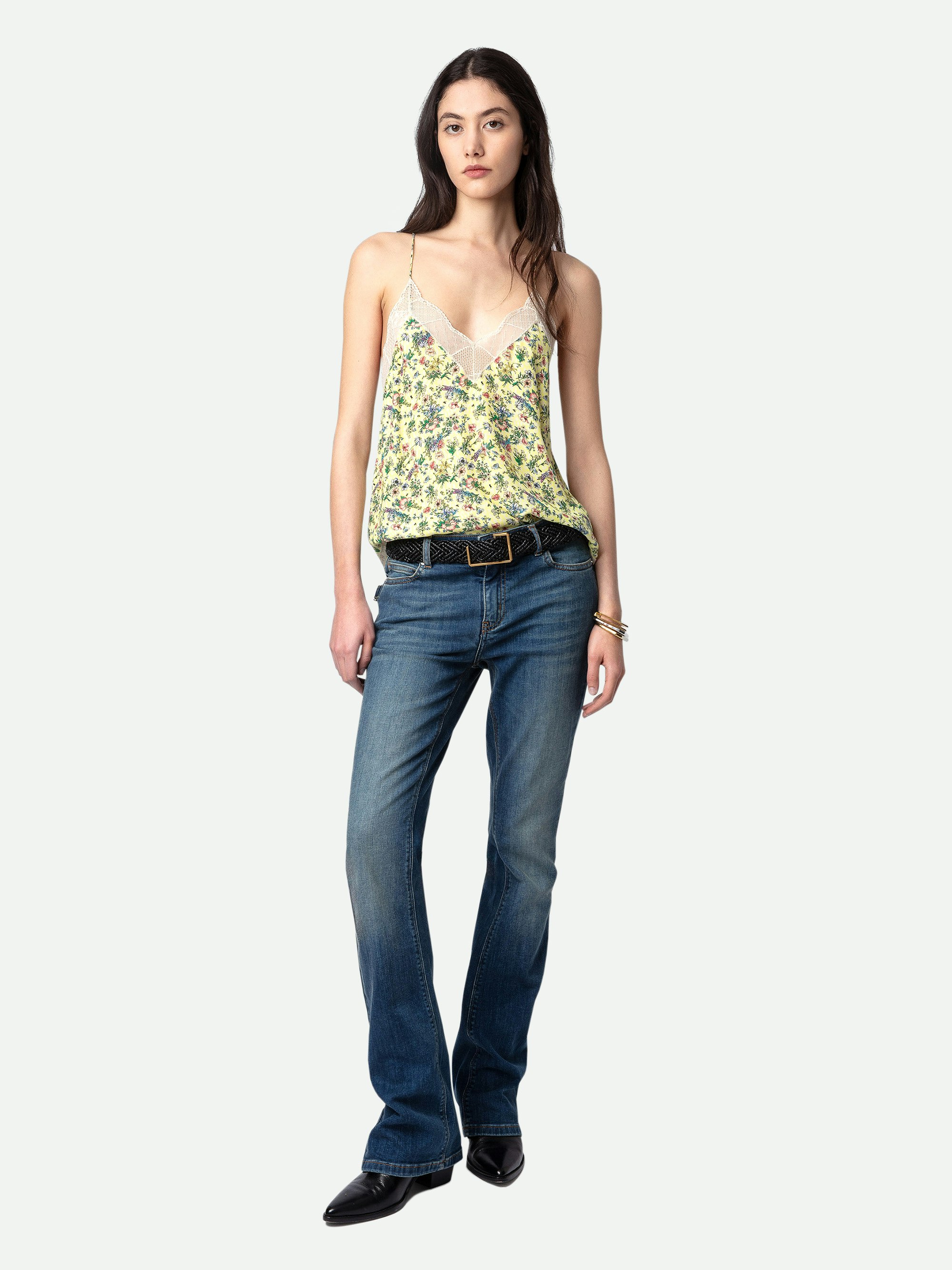 Christy Silk Camisole  - Women’s yellow floral print silk camisole with lace neckline.