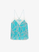 Caraco Christy Soie - Caraco esprit lingerie en soie bleue à motifs chaînes ZV, bretelles fines et décolleté dentelle.