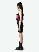 Christy Camisole - Women's pink floral and black lace camisole with lace neckline.