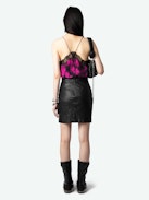 Christy Camisole - Women's pink floral and black lace camisole with lace neckline.