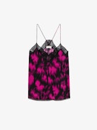 Christy Camisole - Women's pink floral and black lace camisole with lace neckline.
