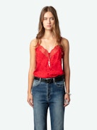 Cyoko Leopard Camisole - Red lingerie-style camisole with leopard print, thin straps, neckline with buttons and lace.