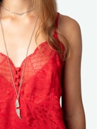 Cyoko Leopard Camisole - Red lingerie-style camisole with leopard print, thin straps, neckline with buttons and lace.