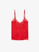 Cyoko Leopard Camisole - Red lingerie-style camisole with leopard print, thin straps, neckline with buttons and lace.