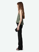 Cyoko Silk Jacquard Wings Camisole - Khaki lingerie-style silk camisole with jacquard wings design, thin straps, and buttons and lace on the neckline.