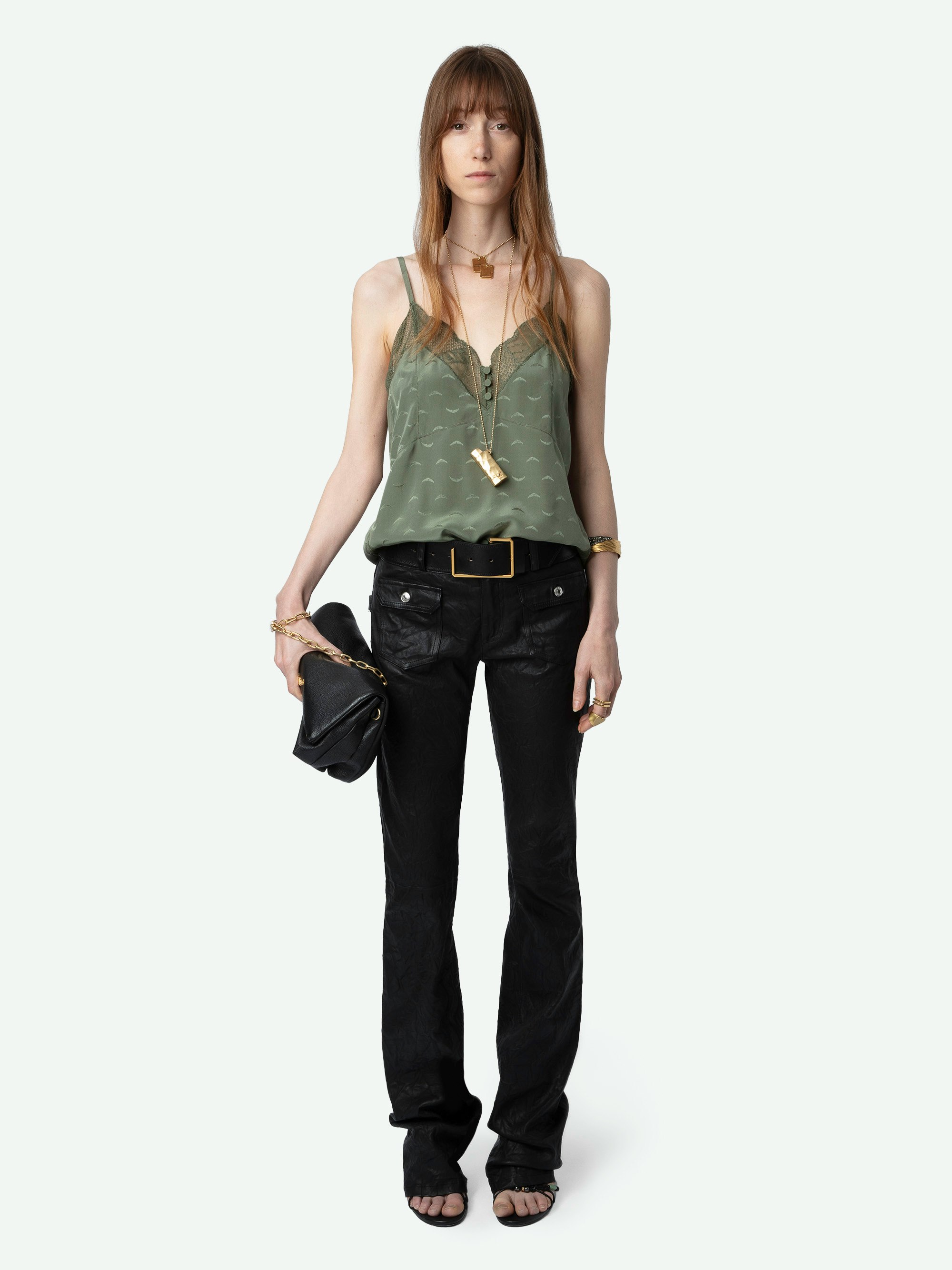 Cyoko 100% Silk Camisole - Lingerie-inspired caraco with wings jacquard and lace.