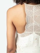 Caraco Claudy Wings Strass Soie Jacquard - Caraco court esprit lingerie en soie jaune claire à jacquard ailes, broderies fleuries et message "Love Yourself", bretelles fines et décolleté dentelle.