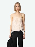 Cabri Silk Camisole - Powder pink silk lingerie-style camisole with jacquard chains, thin double straps, button fastening and lace detailing.