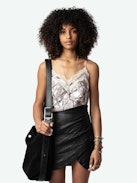 Christo Silk Camisole - Lingerie-style camisole in ecru silk twill with leopard and chain print, thin straps and lace-trimmed neckline.