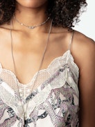 Christo Silk Camisole - Lingerie-style camisole in ecru silk twill with leopard and chain print, thin straps and lace-trimmed neckline.