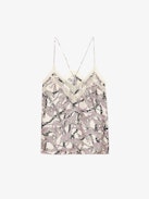 Christo Silk Camisole - Lingerie-style camisole in ecru silk twill with leopard and chain print, thin straps and lace-trimmed neckline.