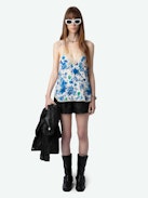 Top Lencero Christy - Top lencero de crepé en tono crudo, con estampado floral Garden Flowers, tirantes finos y escote de encaje.