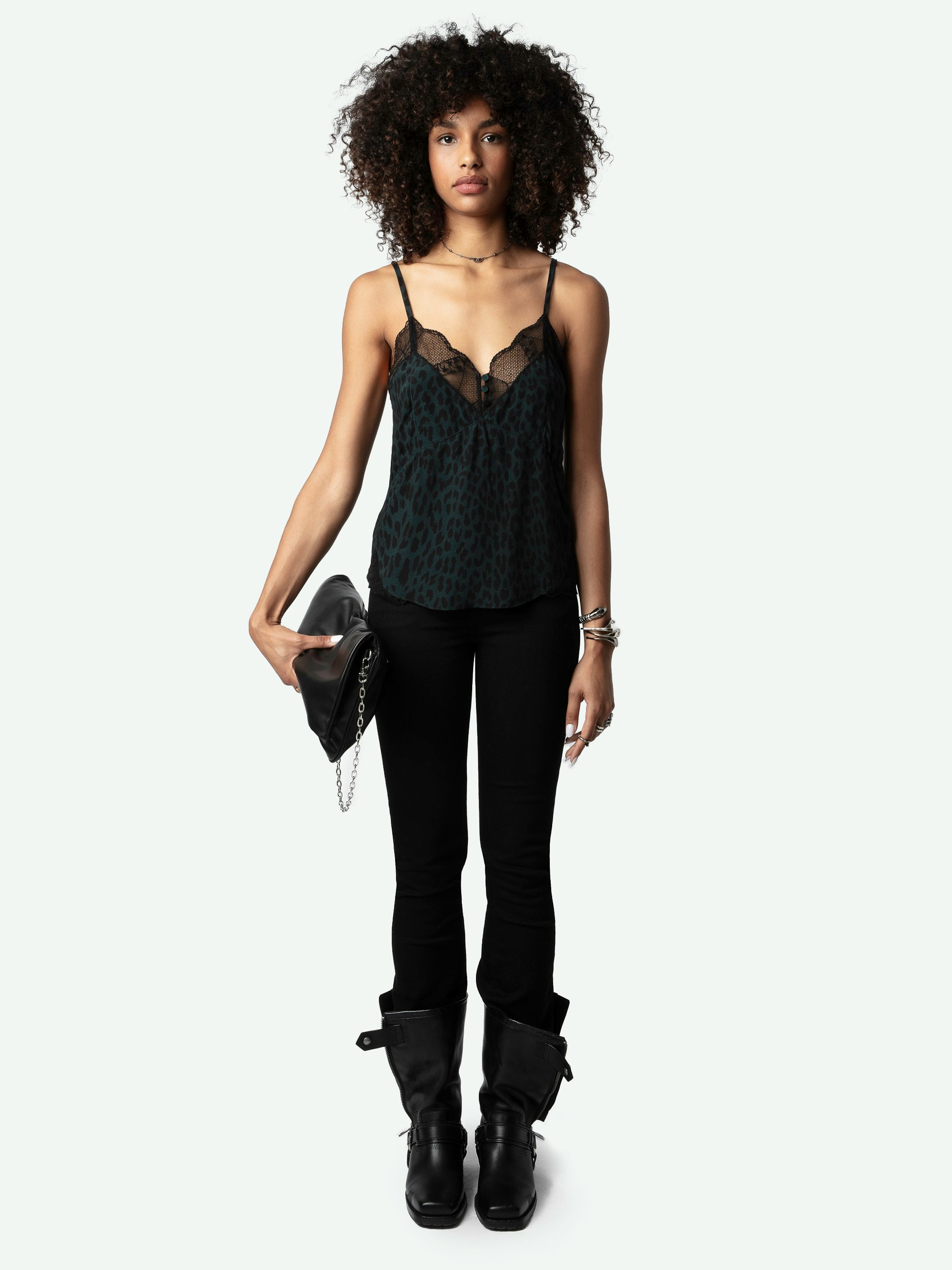 Cyoko Leopard Camisole - Dark green lingerie-style camisole with leopard print, thin straps, neckline with buttons and lace.