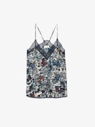 Christy Camisole - Lingerie-inspired camisole in printed viscose featuring embroidered wings on the back, adjustable straps, and exclusive French lace.