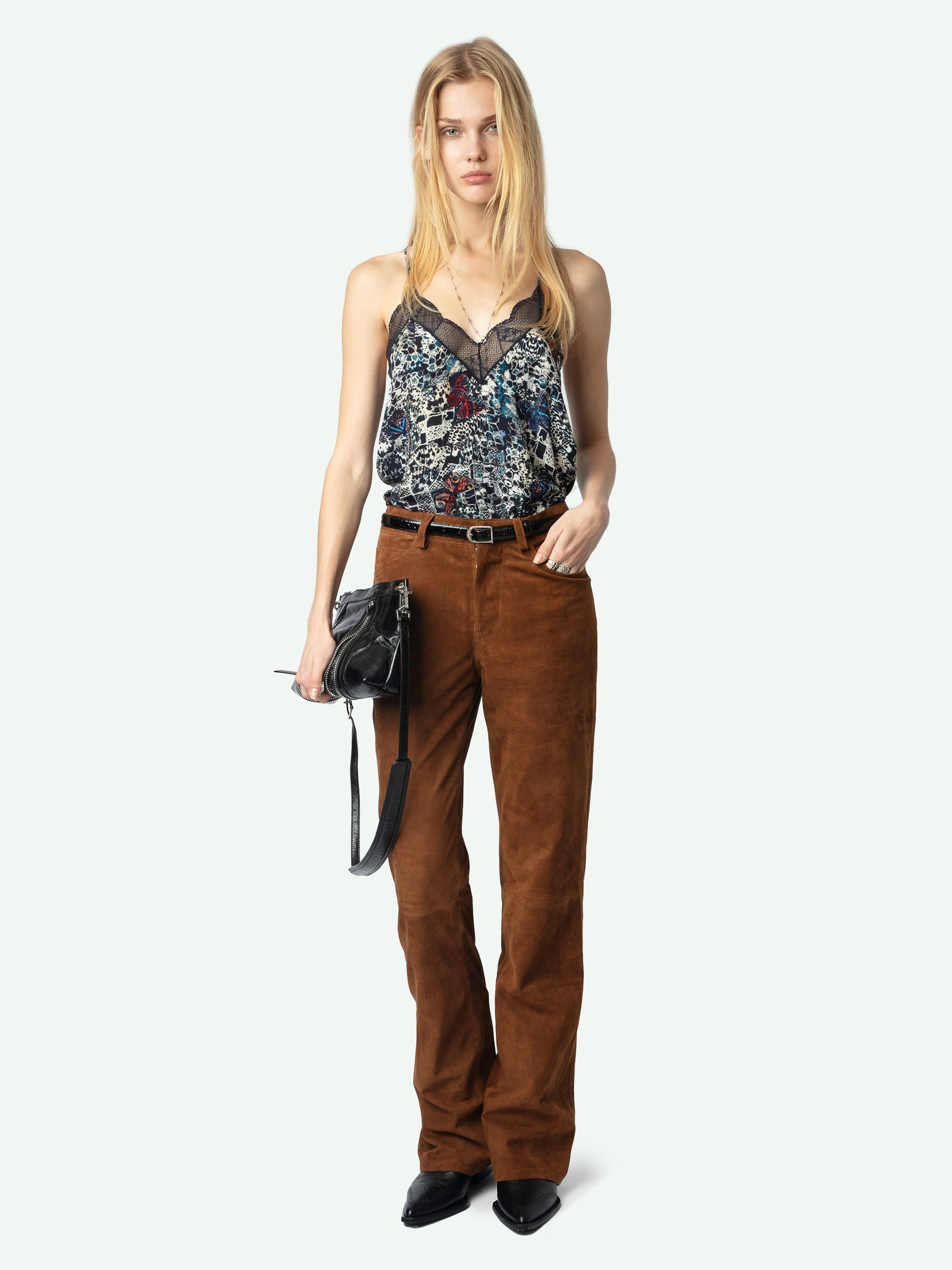 Christy Camisole - Lingerie-inspired camisole in printed viscose featuring embroidered wings on the back, adjustable straps, and exclusive French lace.