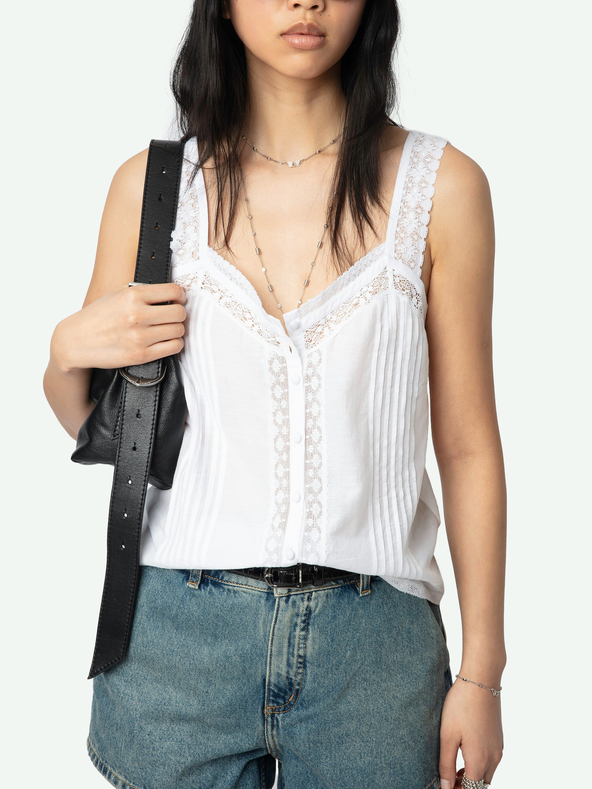 Celite Camisole - Lingerie-inspired camisole in tomboy cotton with button fastening and lace straps.