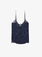 Cyoko Silk Camisole - Lingerie-inspired jacquard silk camisole with a buttoned neckline, adjustable straps, and exclusive French lace.