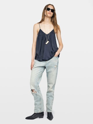 Cym Satin Pleated Camisole - Pleated Japanese satin camisole with adjustable straps at the back and signature metal wings at the front.