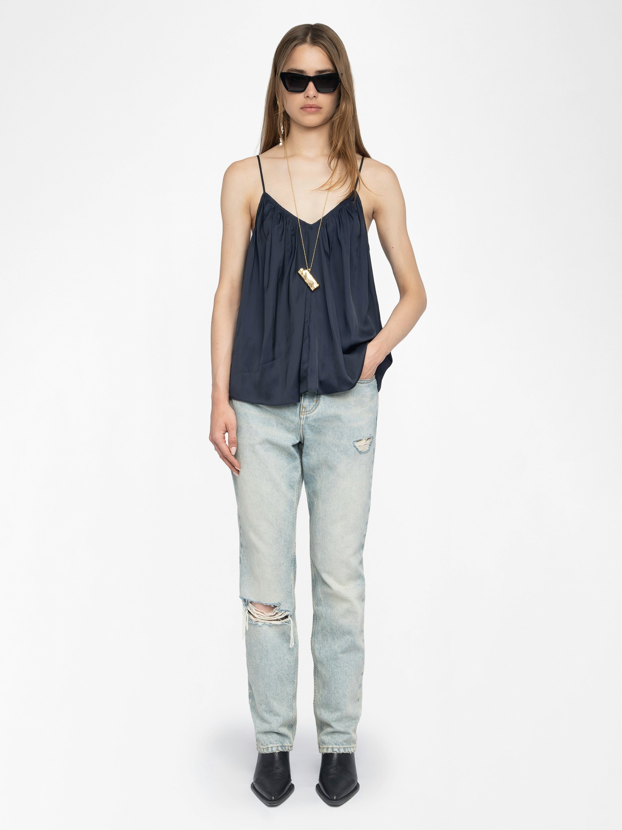 Cym Satin Camisole - Pleated Japanese satin camisole with adjustable straps at the back and signature metal wings at the front.