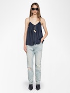 Cym Satin Camisole - Pleated Japanese satin camisole with adjustable straps at the back and signature metal wings at the front.