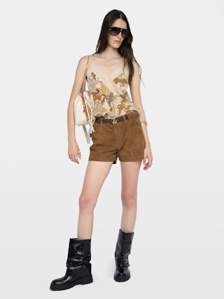 Caraco Christy 100% Soie - Caraco en soie crêpe de chine imprimée horses, bretelles ajustables, dentelle française et ailes brodées dos.