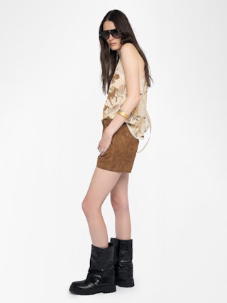 Christy Silk Camisole - Camisole in printed horses silk crepe de chine, adjustable straps, French lace and embroidered wings on back.