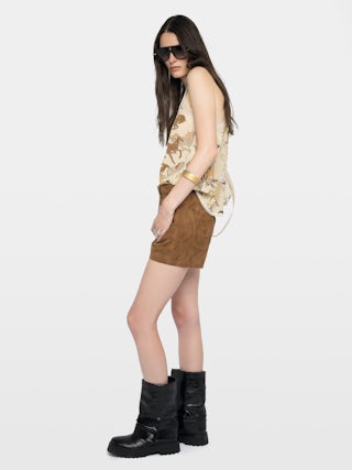 Caraco Christy 100% Soie - Caraco en soie crêpe de chine imprimée horses, bretelles ajustables, dentelle française et ailes brodées dos.