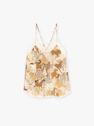 Christy Silk Camisole - Camisole in printed horses silk crepe de chine, adjustable straps, French lace and embroidered wings on back.