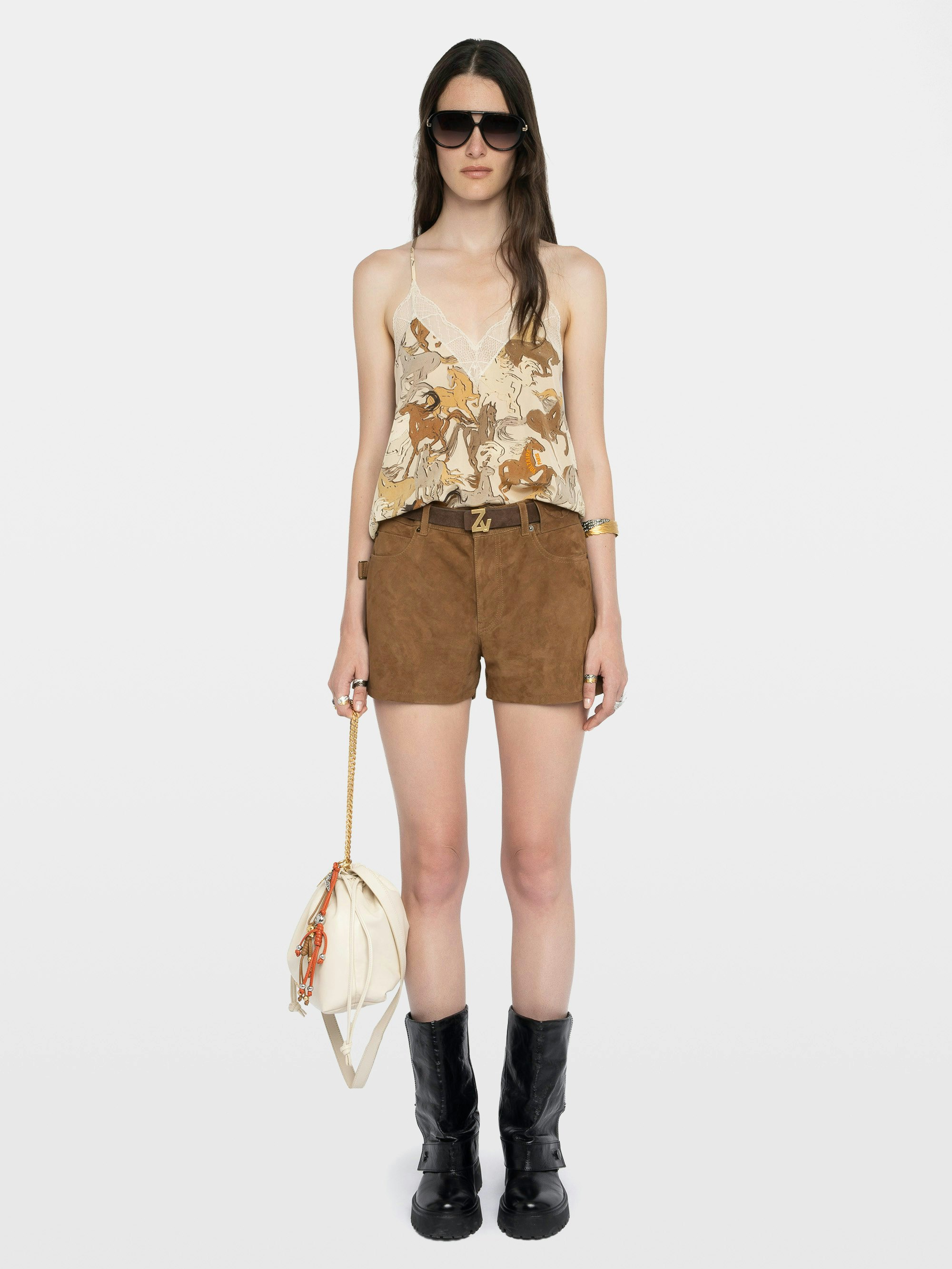 Christy 100% Silk Camisole - Camisole in printed horses silk crepe de chine, adjustable straps, French lace and embroidered wings on back.