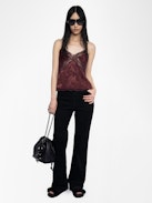 Cishi Cami Top 100% Silk - Camisole in horses jacquard silk, adjustable straps, French lace and embroidered wings on back.