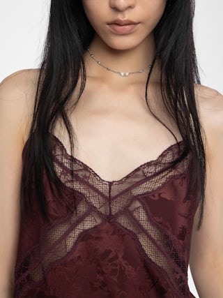 Cishi Silk Lace Camisole - Camisole in horses jacquard silk, adjustable straps, French lace and embroidered wings on back.