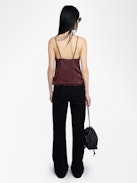 Cishi Cami Top 100% Silk - Camisole in horses jacquard silk, adjustable straps, French lace and embroidered wings on back.