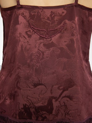 Cishi Silk Lace Camisole - Camisole in horses jacquard silk, adjustable straps, French lace and embroidered wings on back.