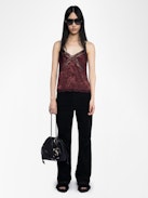 Cishi Cami Top 100% Silk - Camisole in horses jacquard silk, adjustable straps, French lace and embroidered wings on back.